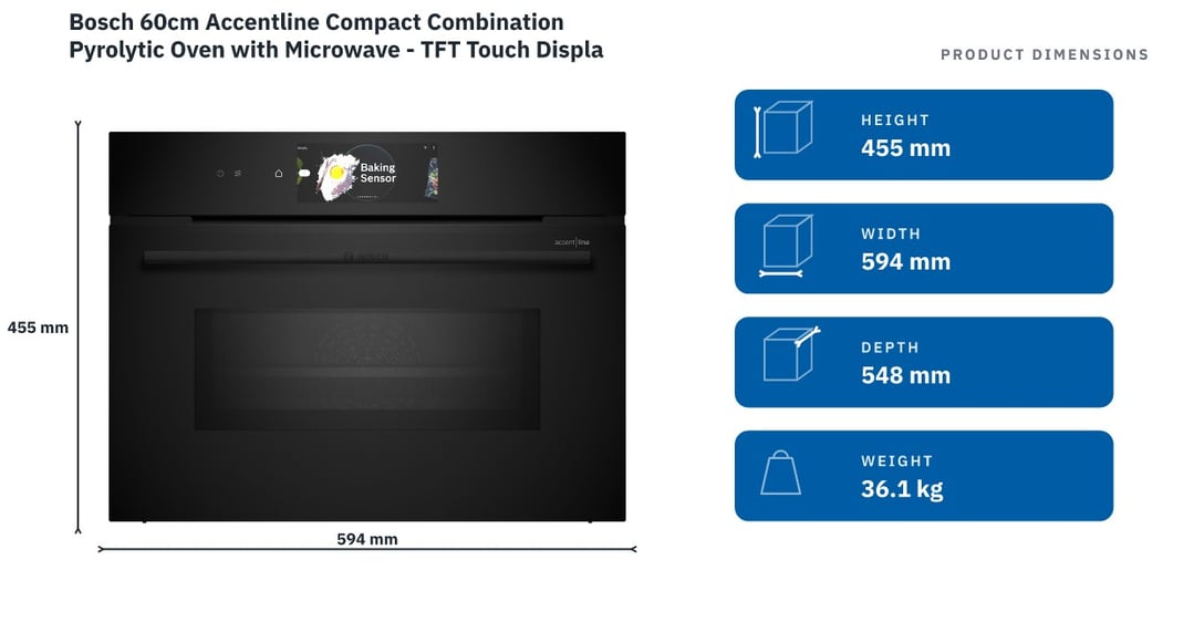 Bosch 60cm Accentline Compact Combination Pyrolytic Oven with Microwave - TFT Touch Display Pro CMG978NB1A — product dimensions