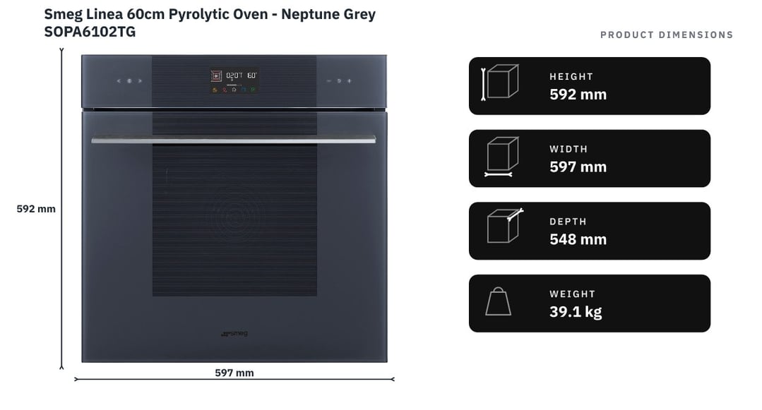 Smeg Linea 60cm Pyrolytic Oven - Neptune Grey SOPA6102TG — product dimensions