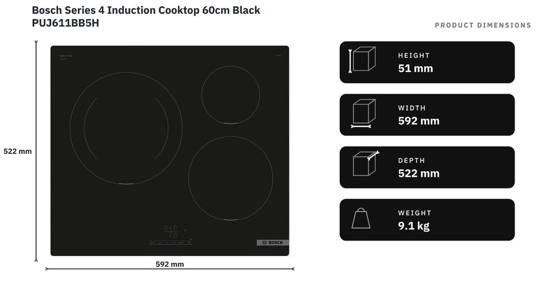 Bosch Series 4 Induction Cooktop 60cm Black PUJ611BB5H — product dimensions