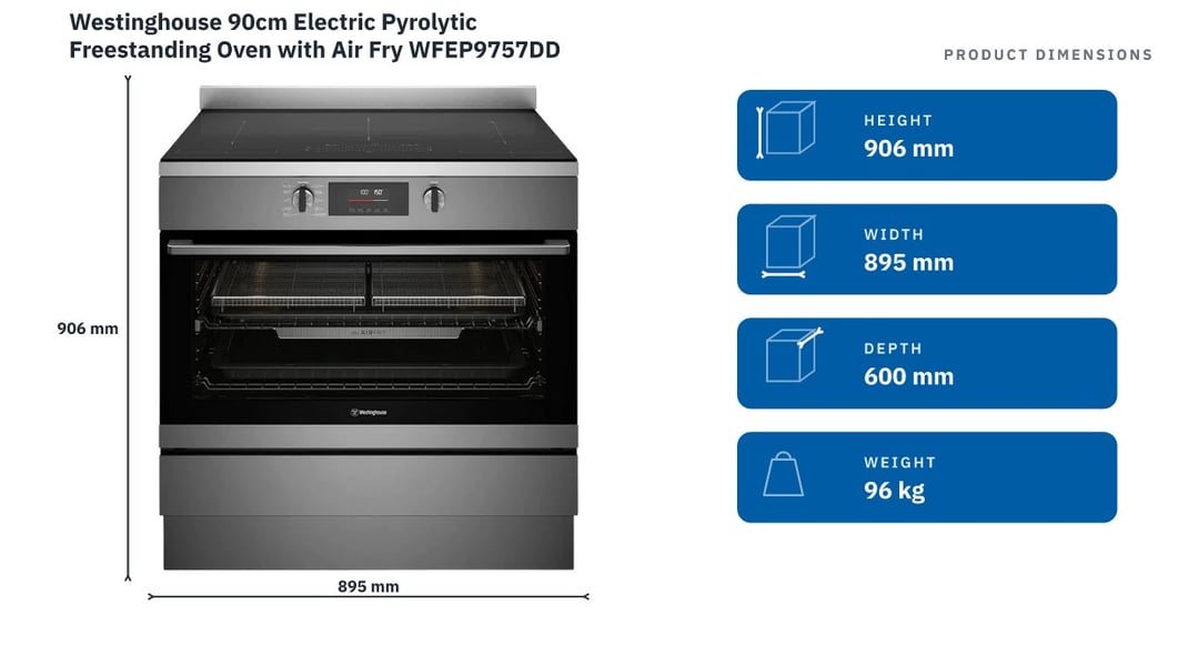 Westinghouse 90cm Electric Pyrolytic Freestanding Oven with Air Fry WFEP9757DD