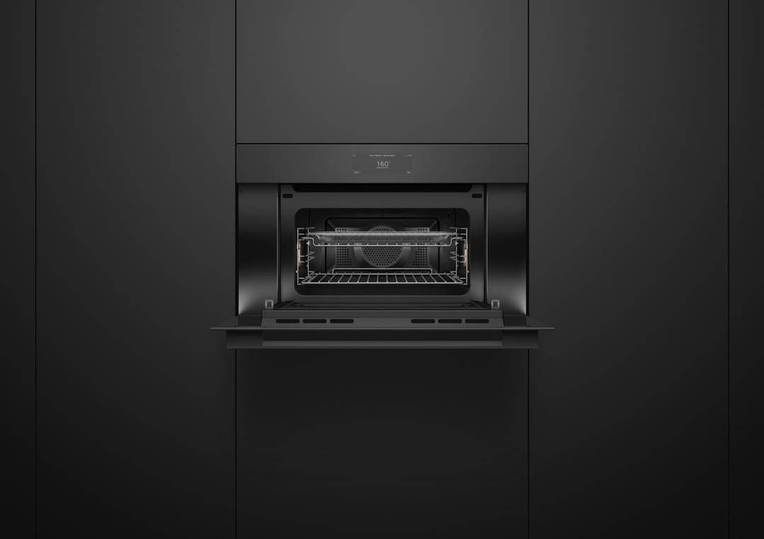 Fisher & Paykel 76cm Series 9, Minimal Handleless Compact Combi-Microwave Oven, Black Glass OM76NMUNB3