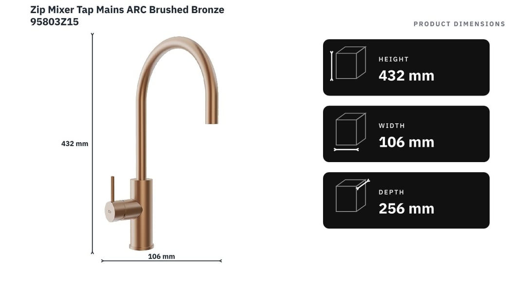 Zip Mixer Tap Mains ARC Brushed Bronze 95803Z15 — product dimensions