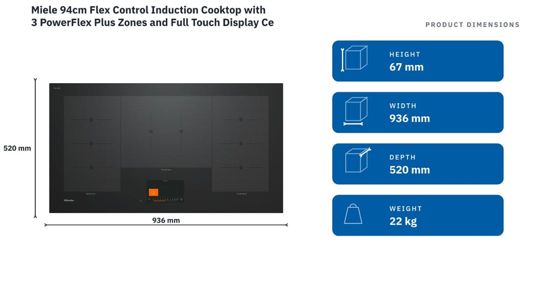 Miele 94cm Flex Control Induction Cooktop with 3 PowerFlex Plus Zones and Full Touch Display Ceramic Glass KM7999FL