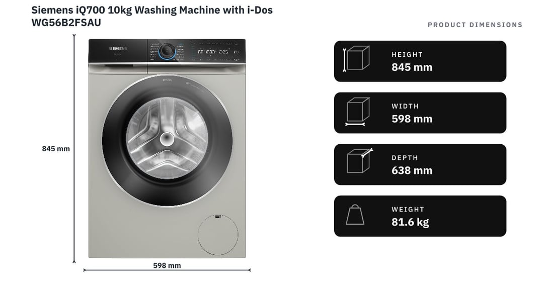 Siemens iQ700 10kg Washing Machine with i-Dos WG56B2FSAU — product dimensions
