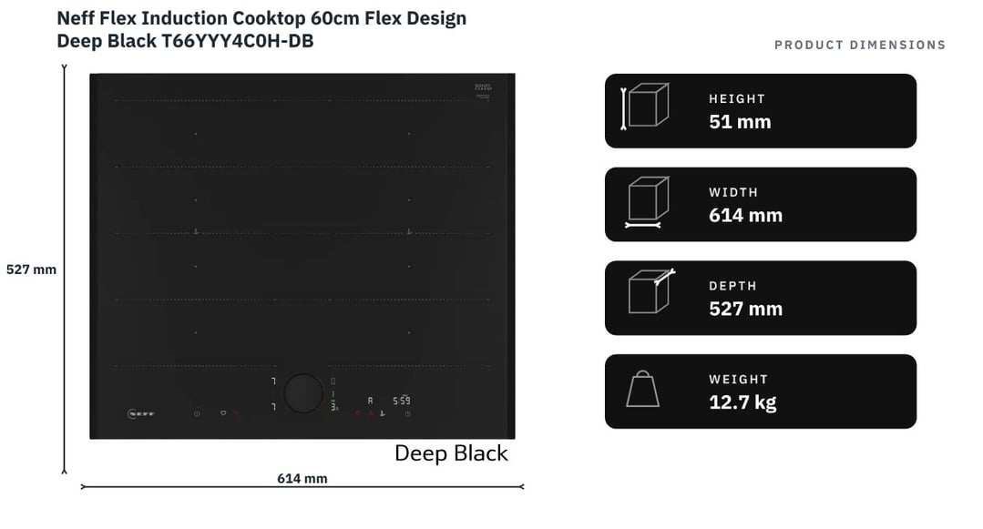Neff Flex Induction Cooktop 60cm Flex Design Deep Black T66YYY4C0H-DB — product dimensions