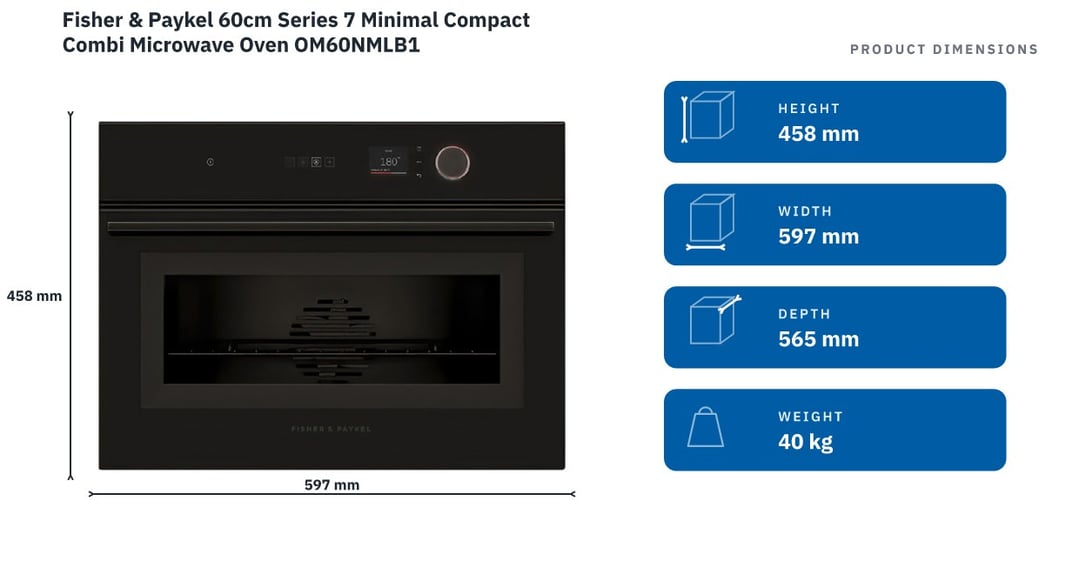 Fisher & Paykel 60cm Series 7 Minimal Compact Combi Microwave Oven OM60NMLB1 — product dimensions