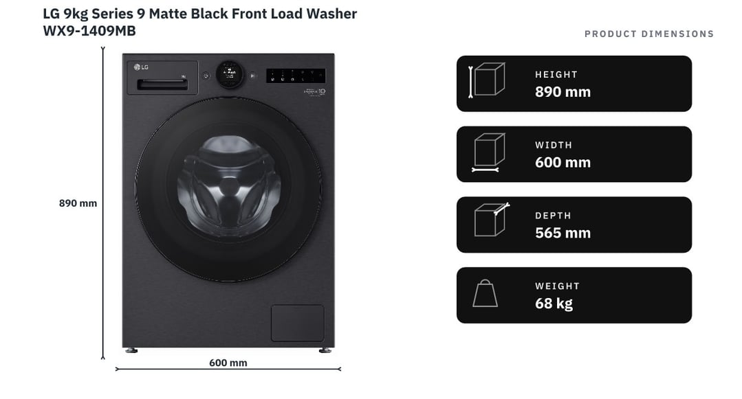 LG 9kg Series 9 Matte Black Front Load Washer WX9-1409MB — product dimensions