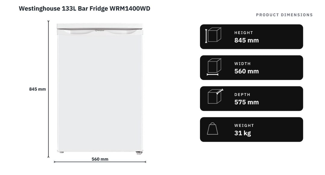 Westinghouse 133L Bar Fridge WRM1400WD — product dimensions