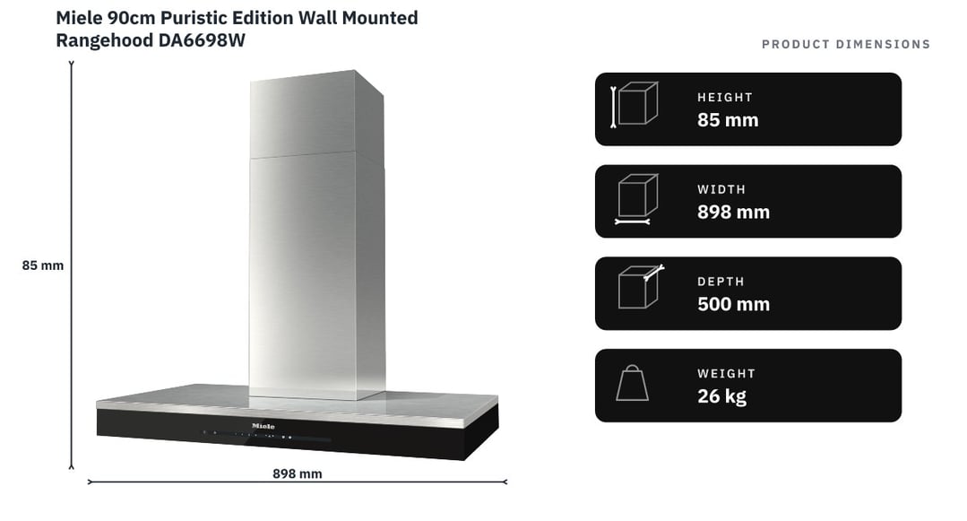 Miele 90cm Puristic Edition Wall Mounted Rangehood DA6698W — product dimensions