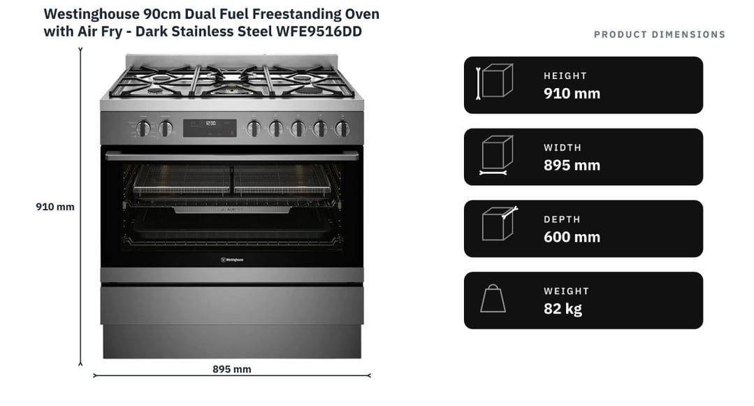 Westinghouse 90cm Dual Fuel Freestanding Oven with Air Fry - Dark Stainless Steel WFE9516DD — product dimensions