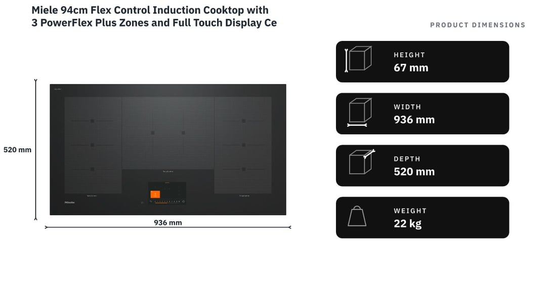 Miele 94cm Flex Control Induction Cooktop with 3 PowerFlex Plus Zones and Full Touch Display Ceramic Glass KM7999FL — product dimensions