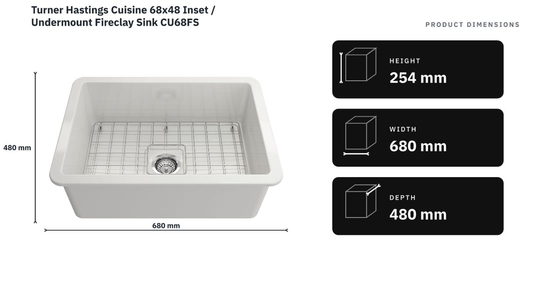 Turner Hastings Cuisine 68x48 Inset / Undermount Fireclay Sink CU68FS — product dimensions