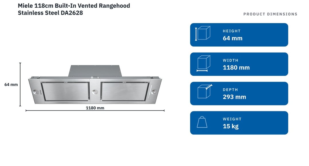 Miele 118cm Built-In Vented Rangehood Stainless Steel DA2628 — product dimensions
