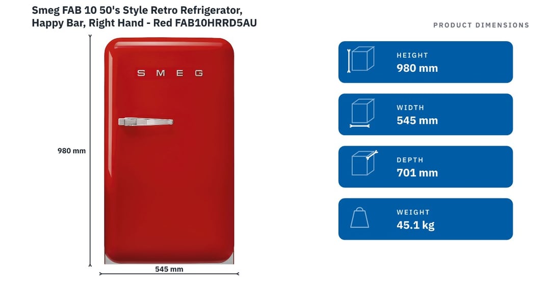 Smeg FAB 10 50's Style Retro Refrigerator, Happy Bar, Right Hand - Red FAB10HRRD5AU