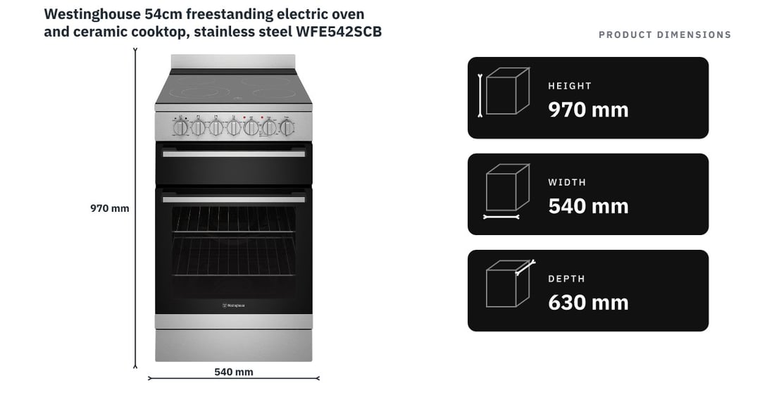 Westinghouse 54cm freestanding electric oven and ceramic cooktop, stainless steel WFE542SCB — product dimensions