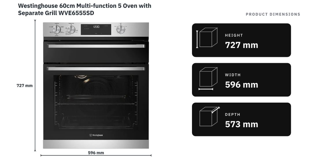 Westinghouse 60cm Multi-function 5 Oven with Separate Grill WVE6555SD — product dimensions