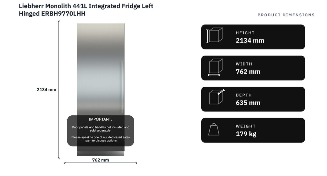 Liebherr Monolith 441L Integrated Fridge Left Hinged ERBH9770LHH — product dimensions