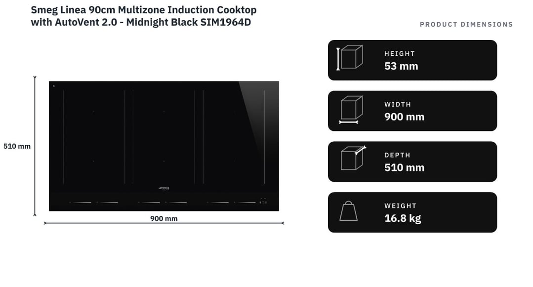 Smeg Linea 90cm Multizone Induction Cooktop with AutoVent 2.0 - Midnight Black SIM1964D — product dimensions