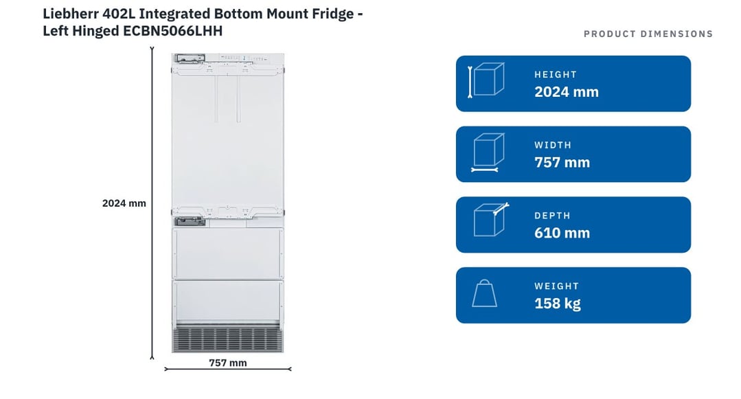 Liebherr 402L Integrated Bottom Mount Fridge - Left Hinged ECBN5066LHH