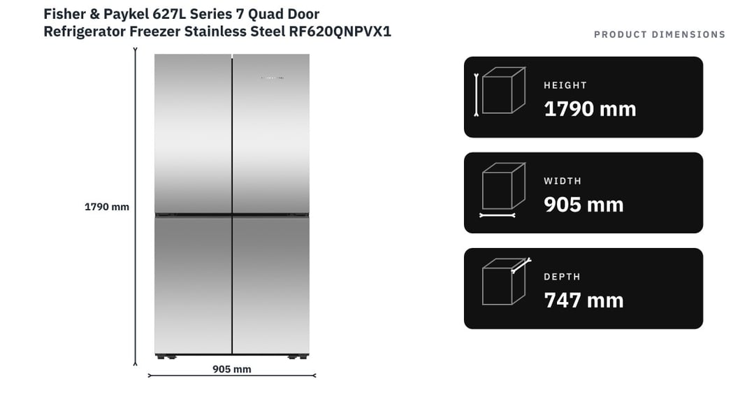 Fisher & Paykel 627L Series 7 Quad Door Refrigerator Freezer Stainless Steel RF620QNPVX1 — product dimensions