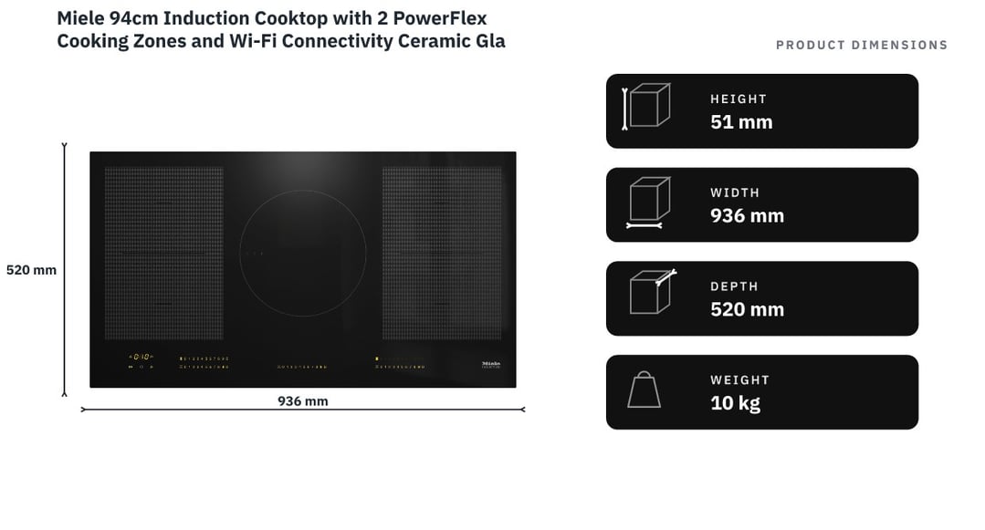 Miele 94cm Induction Cooktop with 2 PowerFlex Cooking Zones and Wi-Fi Connectivity Ceramic Glass KM7594-2FL — product dimensions