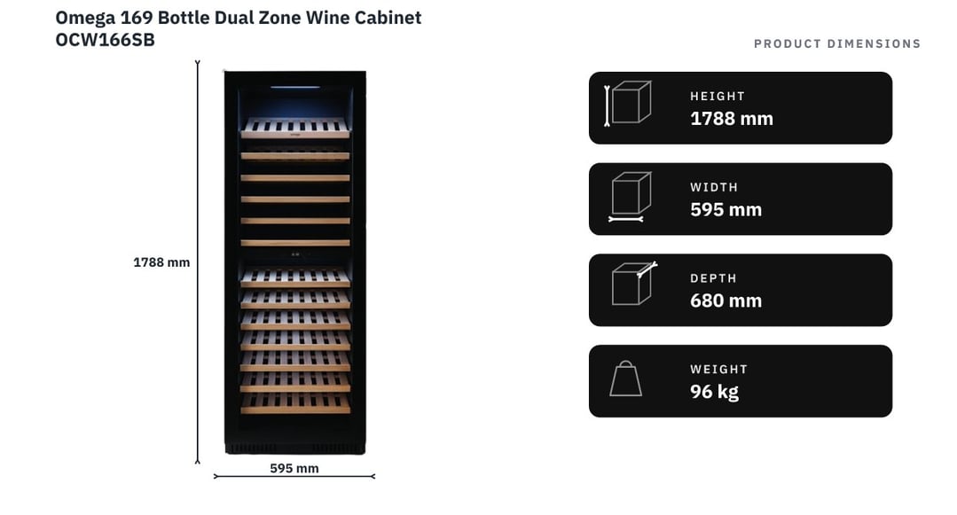 Omega 169 Bottle Dual Zone Wine Cabinet OCW166SB — product dimensions