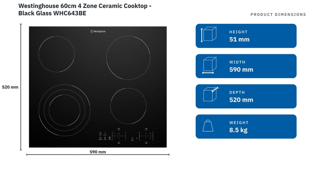 Westinghouse 60cm 4 Zone Ceramic Cooktop - Black Glass WHC643BE