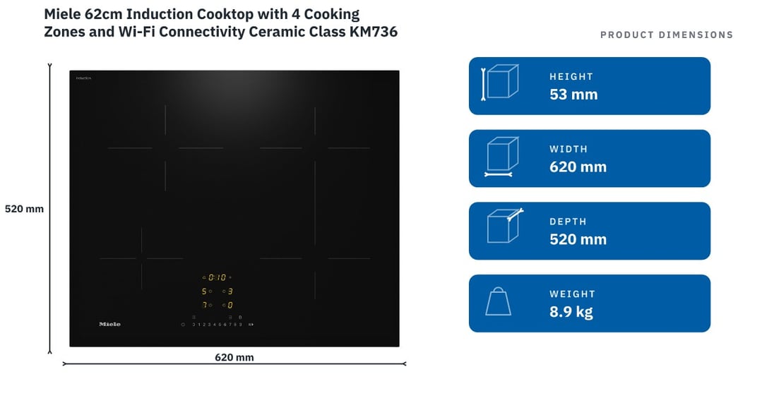 Miele 62cm Induction Cooktop with 4 Cooking Zones and Wi-Fi Connectivity Ceramic Class KM7363FL — product dimensions