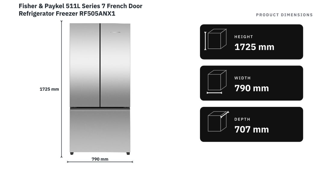 Fisher & Paykel 511L Series 7 French Door Refrigerator Freezer RF505ANX1 — product dimensions
