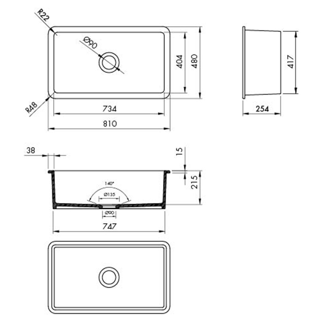 Turner Hastings Cuisine 81x48 Inset / Undermount Fireclay Sink - Matte Black CU81FSI-MB