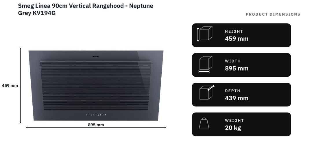 Smeg Linea 90cm Vertical Rangehood - Neptune Grey KV194G — product dimensions