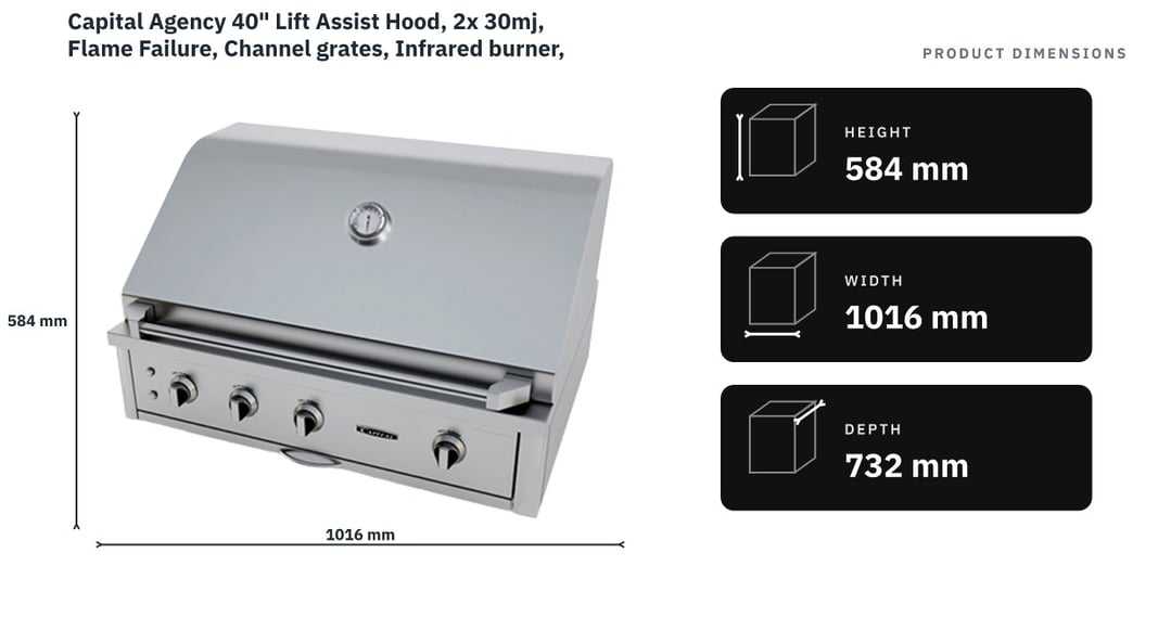 Capital Agency 40" Lift Assist Hood, 2x 30mj, Flame Failure, Channel grates, Infrared burner, rotisserie, Halogen lighting, thermostat LPG Gas ACG40RBI1L — product dimensions