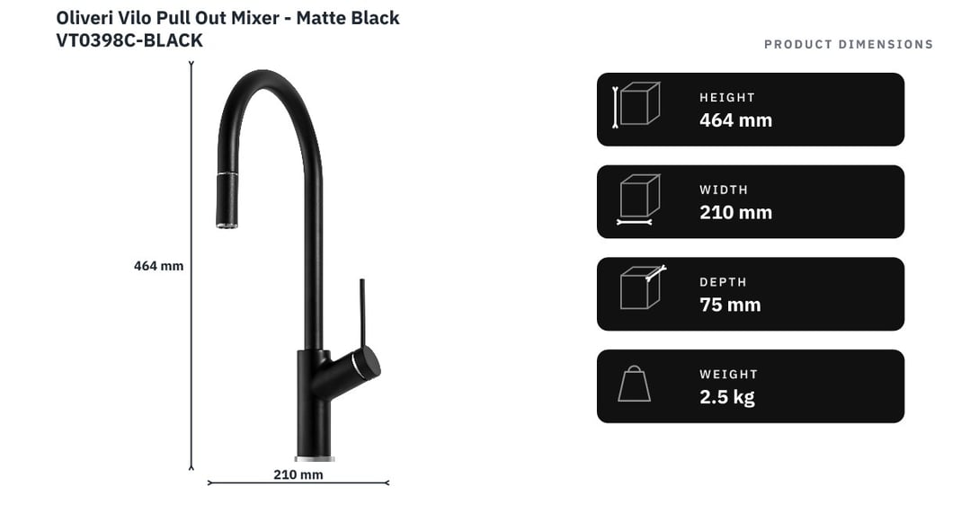 Oliveri Vilo Pull Out Mixer - Matte Black VT0398C-BLACK — product dimensions