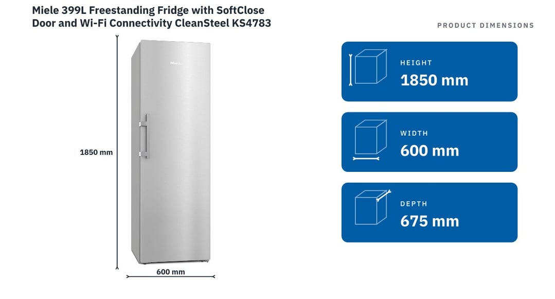 Miele 399L Freestanding Fridge with SoftClose Door and Wi-Fi Connectivity CleanSteel KS4783 — product dimensions