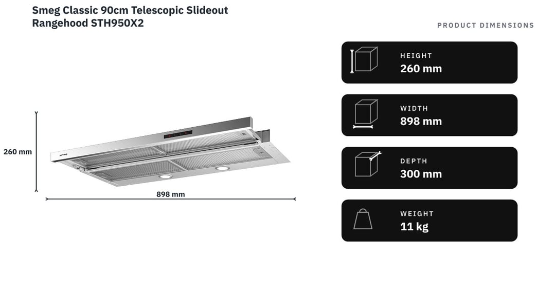 Smeg Classic 90cm Telescopic Slideout Rangehood STH950X2 — product dimensions