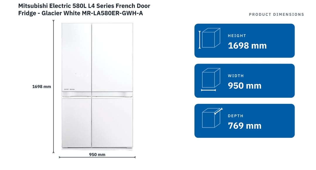 Mitsubishi Electric 580L L4 Series French Door Fridge - Glacier White MR-LA580ER-GWH-A — product dimensions