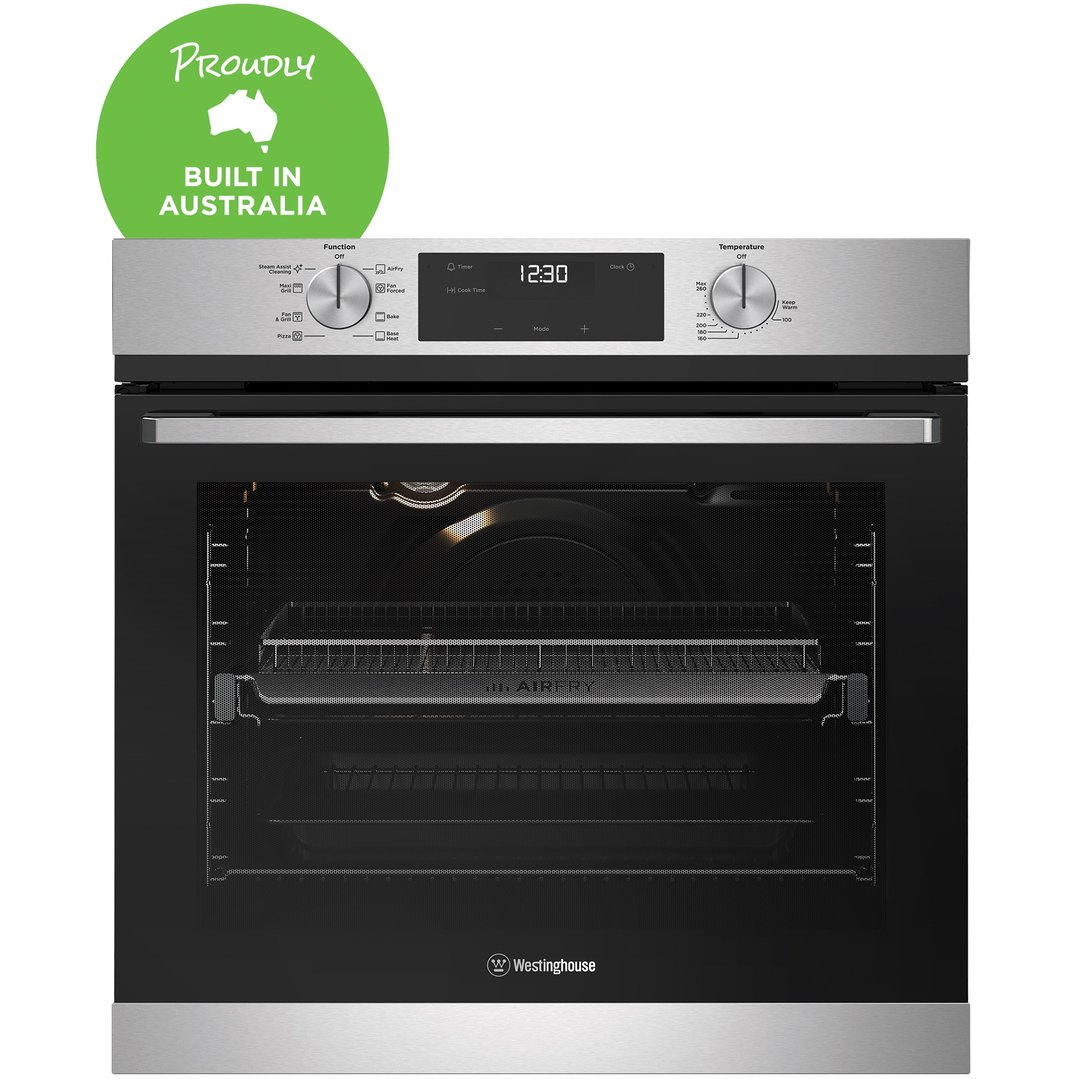 Westinghouse 60cm multi-function 8 stainless steel oven with Air Fry, programmable timer, and 80L WVE6516SD