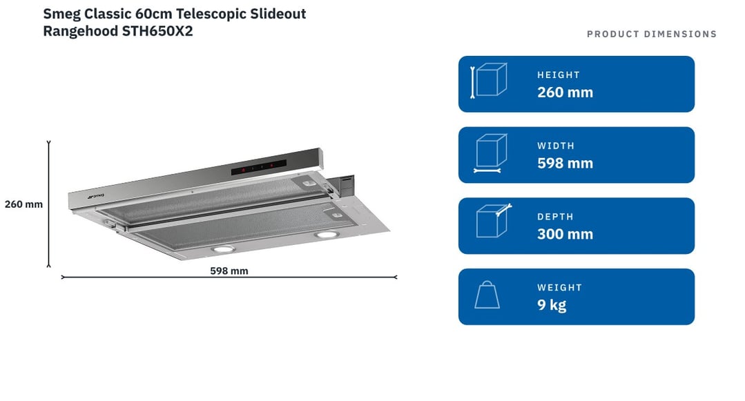 Smeg Classic 60cm Telescopic Slideout Rangehood STH650X2 — product dimensions