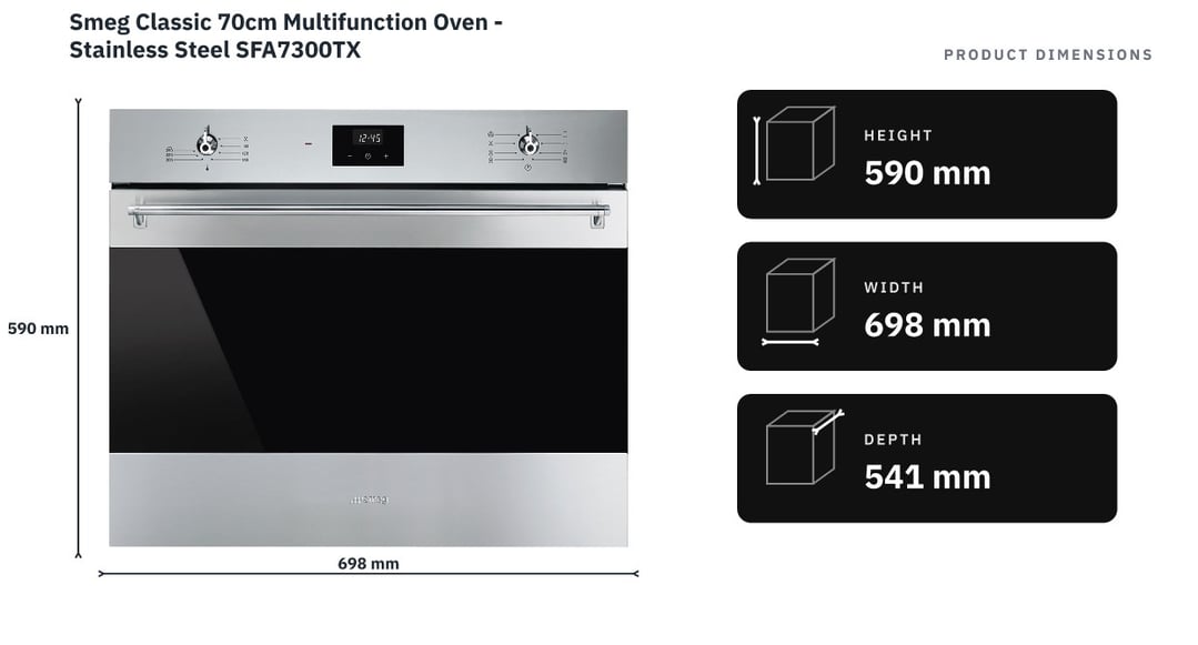 Smeg Classic 70cm Multifunction Oven - Stainless Steel SFA7300TX — product dimensions