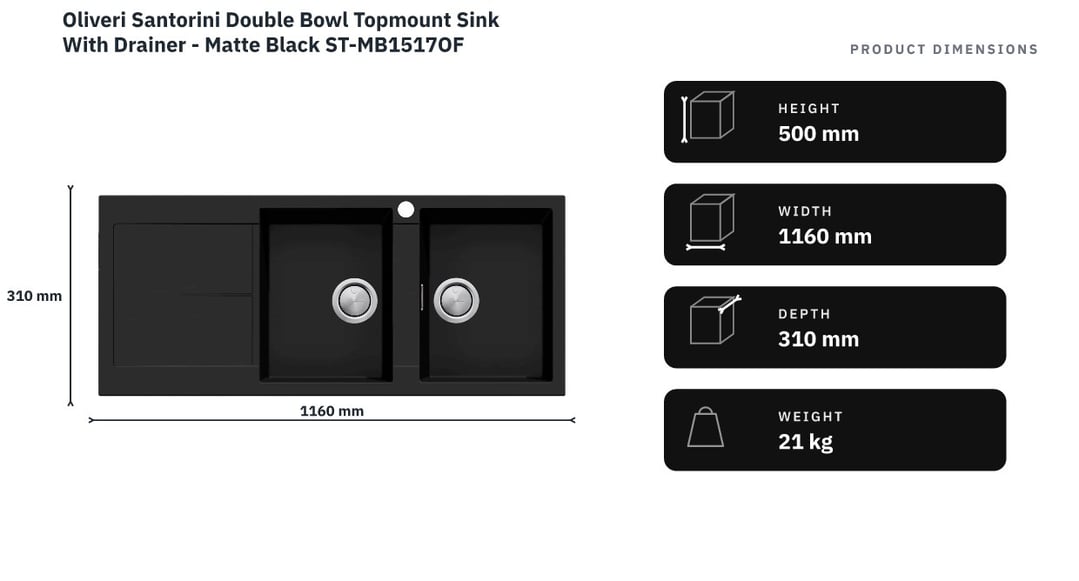Oliveri Santorini Double Bowl Topmount Sink With Drainer - Matte Black ST-MB1517OF — product dimensions