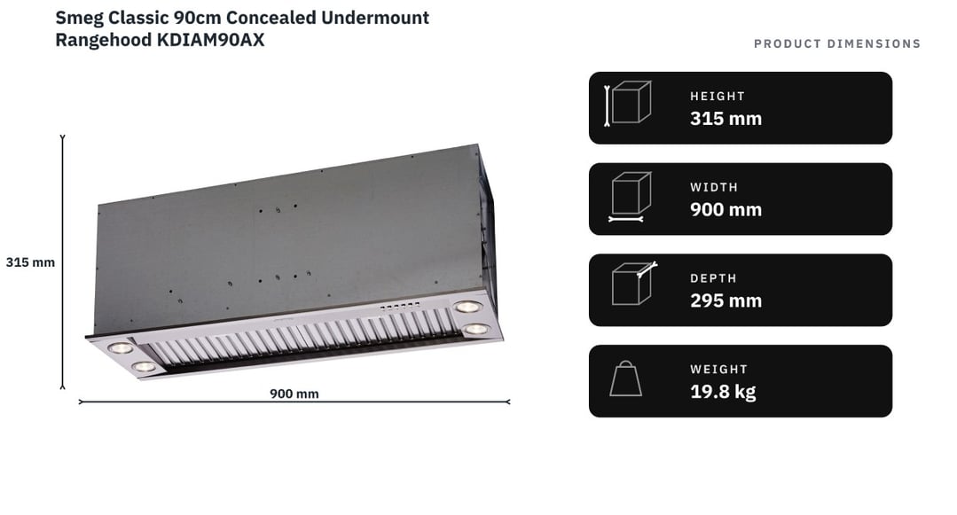 Smeg Classic 90cm Concealed Undermount Rangehood KDIAM90AX — product dimensions