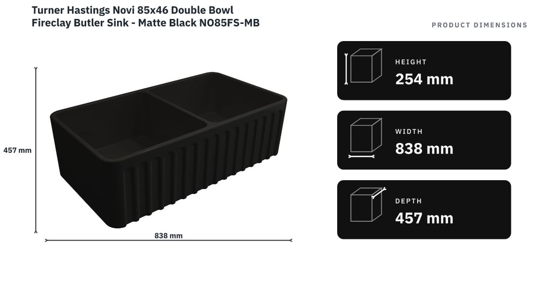 Turner Hastings Novi 85x46 Double Bowl Fireclay Butler Sink - Matte Black NO85FS-MB — product dimensions