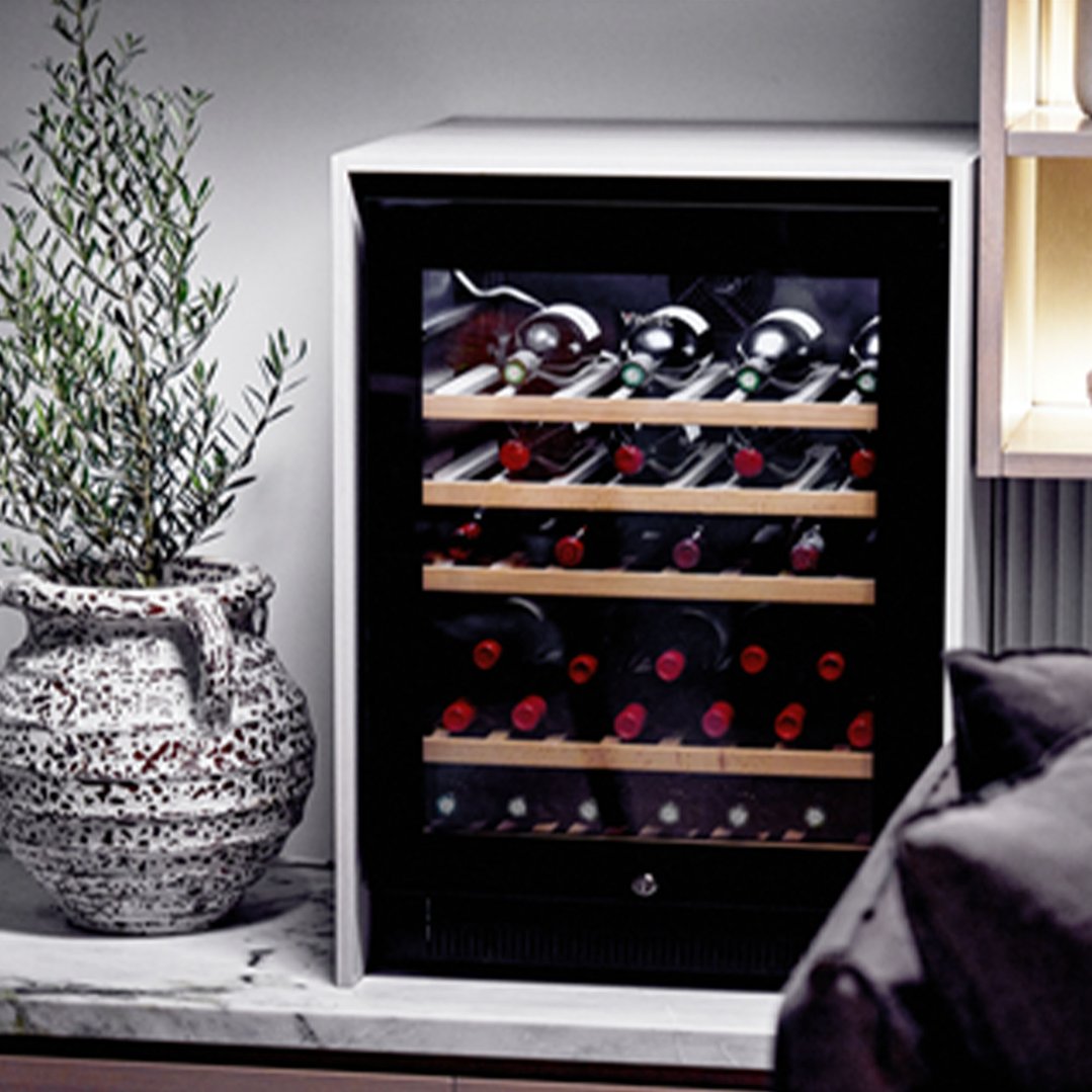 Wine cabinet with glass door in a kitchen setting with a plant