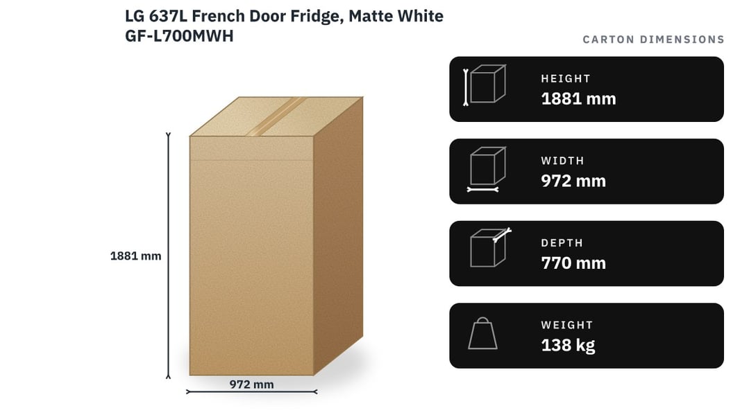 LG 637L French Door Fridge, Matte White GF-L700MWH — packaged dimensions