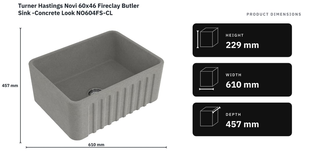 Turner Hastings Novi 60x46 Fireclay Butler Sink -Concrete Look NO604FS-CL — product dimensions