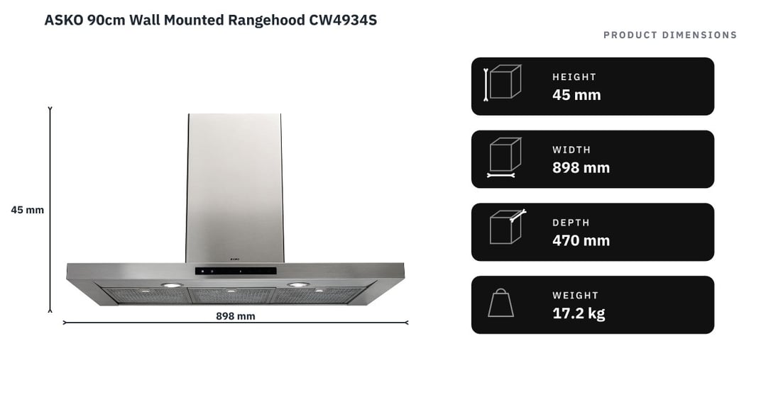 ASKO 90cm Wall Mounted Rangehood CW4934S — product dimensions