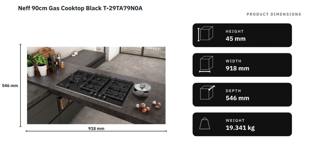 Neff 90cm Gas Cooktop Black T-29TA79N0A — product dimensions