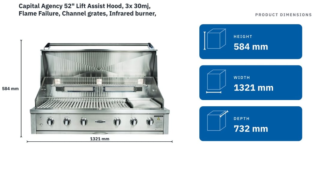 Capital Agency 52" Lift Assist Hood, 3x 30mj, Flame Failure, Channel grates, Infrared burner, rotisserie, Halogen lighting, thermostat NAT Gas ACG52RBI1N — product dimensions