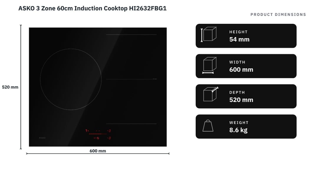 ASKO 3 Zone 60cm Induction Cooktop HI2632FBG1 — product dimensions