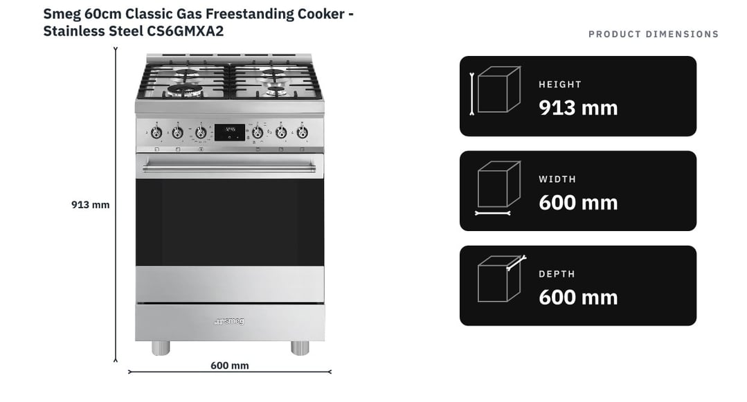 Smeg 60cm Classic Gas Freestanding Cooker - Stainless Steel CS6GMXA2 — product dimensions